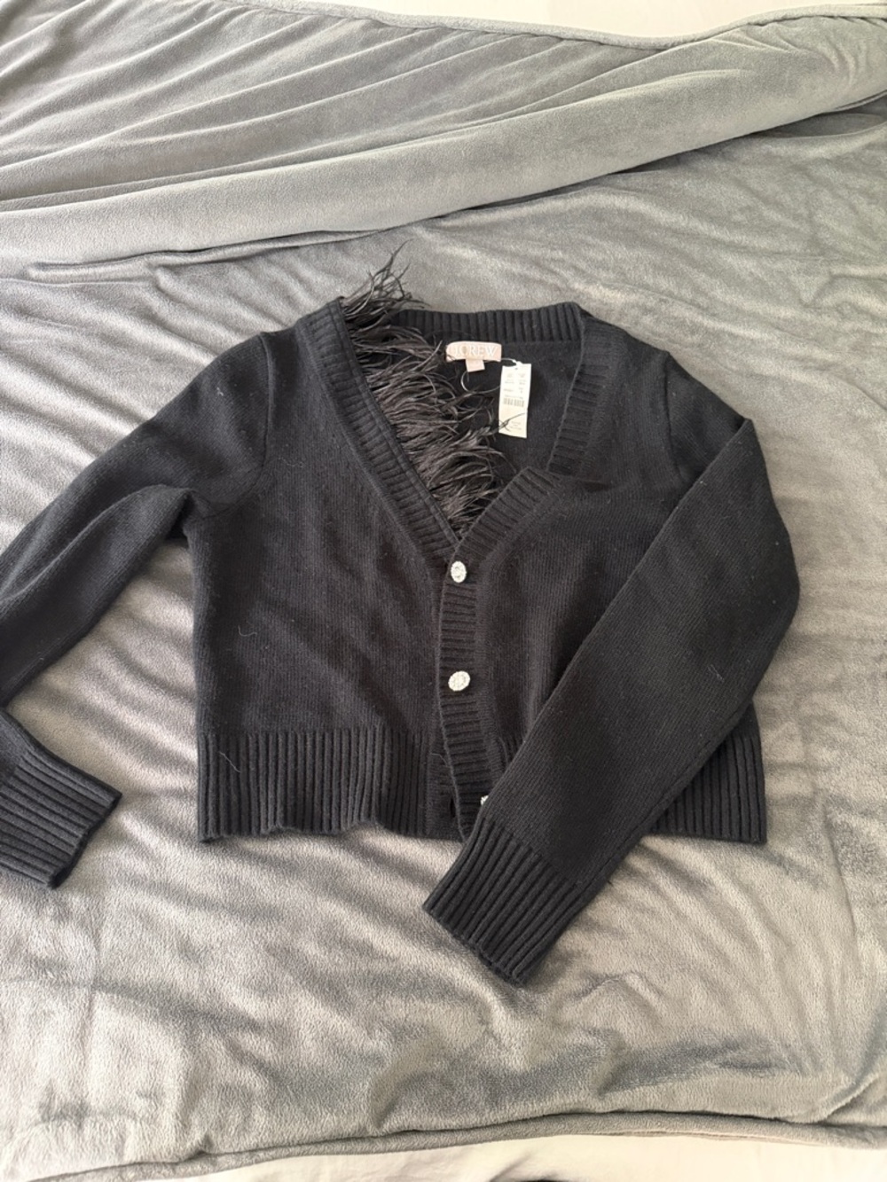 J. Crew Black V-Neck Feather Trim Cropped Cardigan